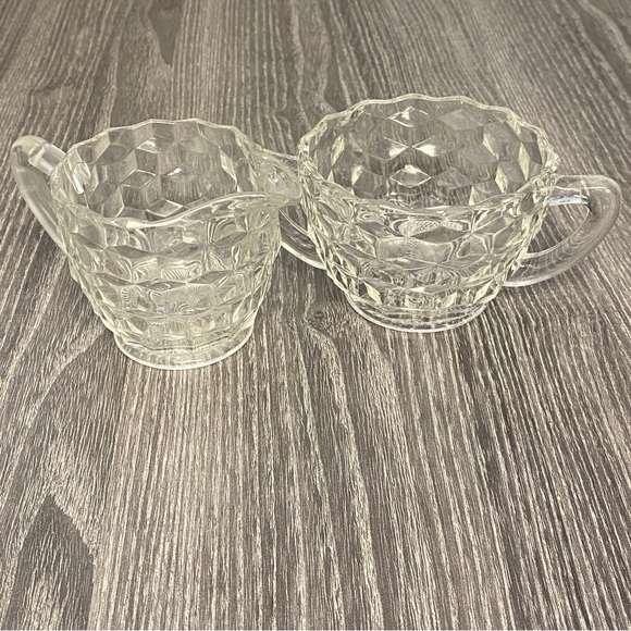 Vintage Jeanette Glass Co. Cubist Pattern Clear Glass Creamer And Sugar Bowl - Picture 2 of 10